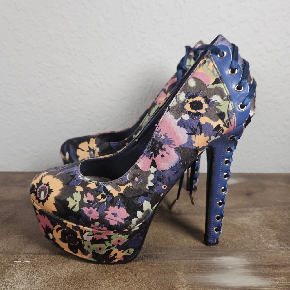 Alba Floral Lace Up Platform Pumps Blue Multi Color Stiletto Heels Womens 7.5